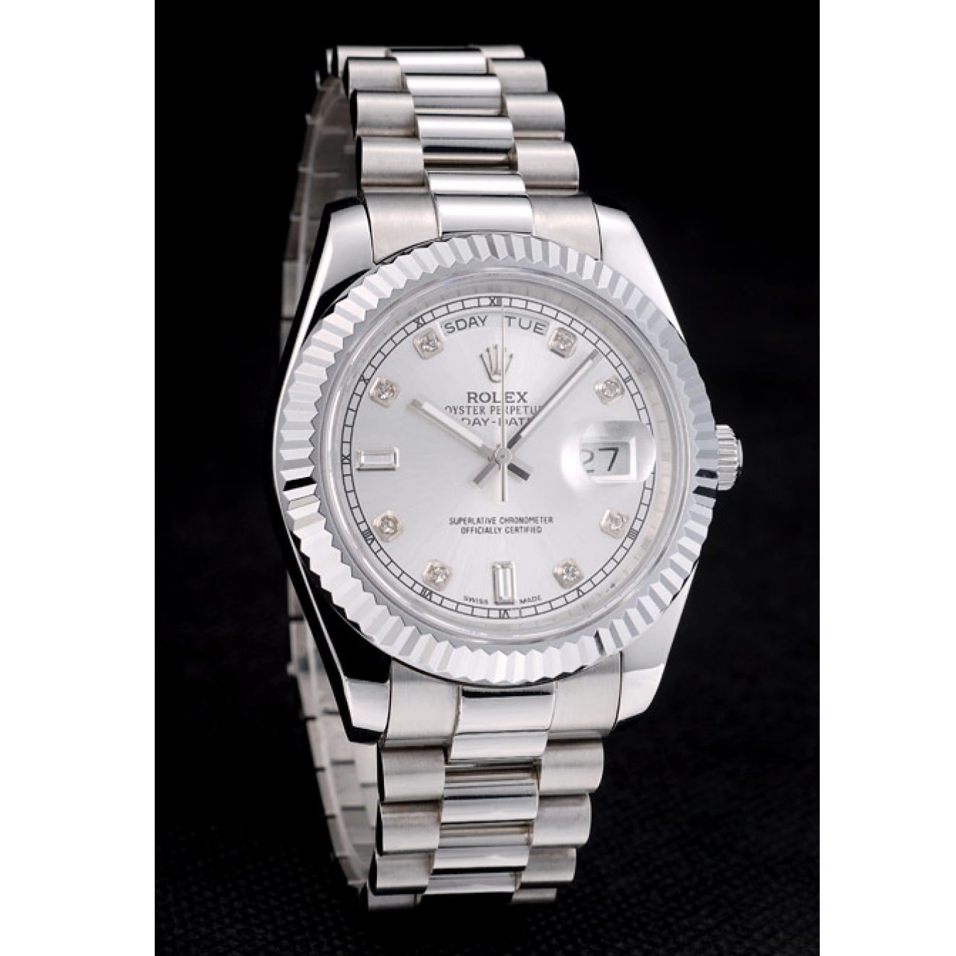Aaa replica watch Bezel Rolex Swiss Ribbed Silver 41995 DayDate Stainless Steel Dial 0801
